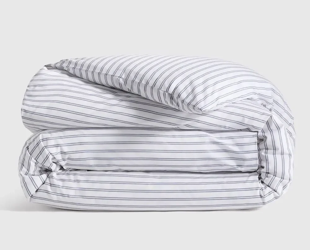 Quince Organic Crisp Percale Duvet Cover Full Queen Double Stripe Mineral